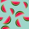 Hand-drawn watercolor illustration. Seamless pattern. Pieces of ripe watermelon of different sizes on a green background. Isolated