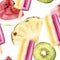Hand drawn watercolor illustration seamless pattern repeated tropical exotic popsicle kiwi pineapple watermelon