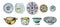 Hand drawn watercolor illustration set of ornamented ceramic plates, bowls and dishes