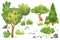 Hand drawn watercolor illustration. Set of various trees and bushes. Green plants isolated on white. landscape