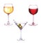 Hand-drawn watercolor illustration of the three alcohol drinks in the glasses