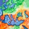 Hand-drawn watercolor illustration of topographic map of Europe. View to Earth from space