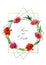 Hand drawn watercolor illustration. Wreath of red poppy flowers. Label with text in round, rectangular and rhomboid frames.