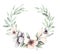 Hand drawn watercolor illustrations. Spring Laurel Wreath with f