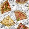 Hand drawn watercolor ink illustration. Pizza slice with toppings, traditional Italian cuisine meal. Seamless pattern