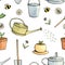 Hand drawn watercolor and ink set of garden tools pattern on the white background.