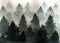 Hand drawn watercolor landscape of foggy forest. Mysterious spruces forest in the mist.