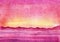 Hand drawn watercolor Landscape. Pink sunset sky and see.  Dark silhouette of further mountains.