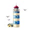 hand drawn watercolor lighthouse illustration. blue striped lighthouse with gulls isolated on white. It's perfect for card,