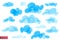 Hand drawn watercolor look clouds, colorful painted stains in cloud shape, set of design elements, artistic clouds