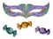 Hand drawn watercolor Mardi Gras carnival symbols. Theater masquerade mask with bonbon candy, gold purple green. Single