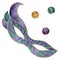 Hand drawn watercolor Mardi Gras carnival symbols. Theater masquerade mask with glass beads, gold purple green. Single