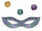 Hand drawn watercolor Mardi Gras carnival symbols. Theater masquerade mask with glass beads, gold purple green. Single