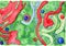 Hand drawn watercolor multicolored abstract illustration. Bright red, green, blue, background from different amorphous