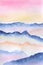 Hand drawn watercolor painting of pink sunset foggy mountains