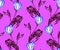 Hand drawn watercolor pattern with blue and white tulips and leaves isolated on purple background. Colorful flower,