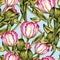 Hand drawn watercolor pattern with pink and white tulips and green leaves isolated on blue background. Colorful flower