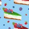 Hand drawn watercolor pattern seamless with piece of cheesecake with fresh wild berries on blue background