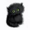 Hand-drawn watercolor Persian black kitten sitting. Cute cartoon fluffy British cat.