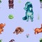 Hand drawn watercolor poodle and other dogs species in a seamless pattern on blue background. Endless repeating