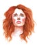 Hand-drawn watercolor portrait of a beautiful red-haired woman or girl looking up. Sad face on white background