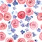 Hand drawn watercolor roses and cute little flowers seamless pattern.