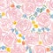 Hand drawn watercolor roses and cute little flowers seamless pattern.