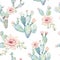 Hand drawn watercolor saguaro cactuses seamless pattern