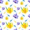 Hand drawn watercolor seamless floral pattern with yellow orange ochre violet purple crocus saffron flowers 3021