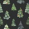 Hand-drawn watercolor seamless holiday pattern with different leaves and berries. Repeated vintage background. Christmas