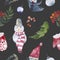Hand-drawn watercolor seamless holiday pattern with different leaves and berries. Repeated vintage background. Christmas