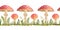 Hand drawn watercolor seamless horizontal border with poisonous mushrooms red Amanita muscaria. Wild fungus fungi from