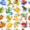 Hand drawn watercolor seamless pattern with colorful tree frogs. Stock illustration of tropical amphibians