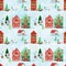 Hand drawn watercolor seamless pattern of different houses, gnome, snowman, tree, gift, star, moon, snow. New Year, Christmas town