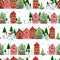 Hand drawn watercolor seamless pattern of different houses, snowman, tree, gift, star, moon, snow. New Year and Christmas town