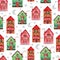 Hand drawn watercolor seamless pattern of different size, color, type houses, snowflake, star, moon, snow. New Year and Christmas