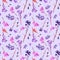 Hand drawn watercolor seamless pattern with field and meadow pink and red flowers and herbs on lilac background