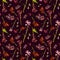 Hand drawn watercolor seamless pattern with field pink and red small flowers and herbs on a dark wine-colored background