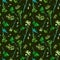 Hand drawn watercolor seamless pattern with green and blue field small flowers and herbs on dark green background