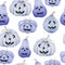 Hand drawn watercolor seamless pattern of Halloween fall autumn pastel soft blue pumpkins. Horror goth gothic cards