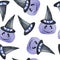 Hand drawn watercolor seamless pattern of Halloween fall autumn pastel soft blue pumpkins witch hat. Horror goth gothic