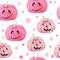 Hand drawn watercolor seamless pattern of Halloween fall autumn pastel soft pink pumpkins with grey floral elements