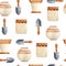 Hand drawn watercolor seamless pattern illustration with different flower houseplant pots spade tool of beige terracotta