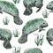 Hand drawn watercolor seamless pattern with manatee cow. Sea ocean marine animal, nautical underwater endangered mammal