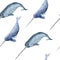 Hand drawn watercolor seamless pattern with narwhal. Sea ocean marine animal, nautical underwater endangered mammal