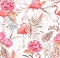 Hand drawn watercolor seamless pattern with pink flamingo, peony and decorative plants.
