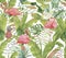 Hand drawn watercolor seamless pattern with pink flamingo, pineapple and exotic plants.