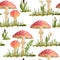 Hand drawn watercolor seamless pattern with poisonous mushrooms red Amanita muscaria. Wild fungus fungi from summer