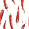Hand drawn watercolor seamless pattern with red chilly peppers