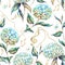 Hand-drawn watercolor seamless pattern with summer blossom of blue and white hydrangea